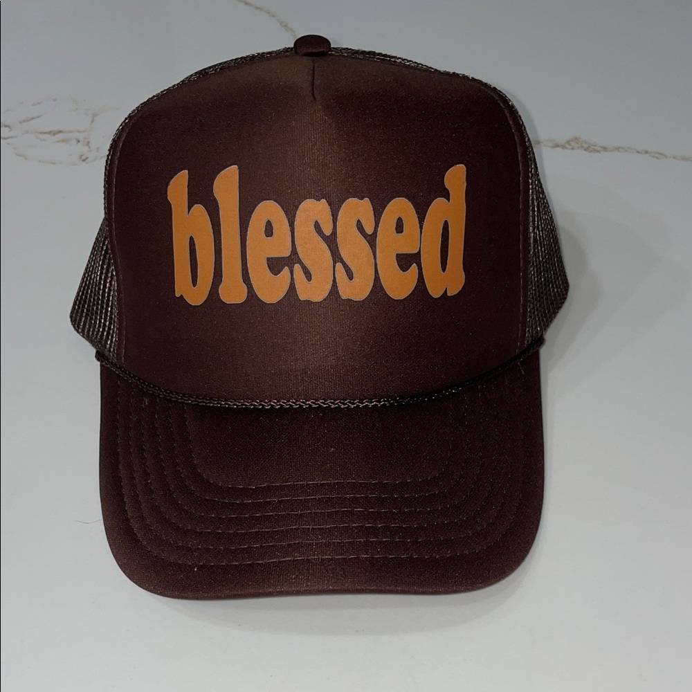 BLESSED Brown Trucker Hat with Burnt Orange Accent Text